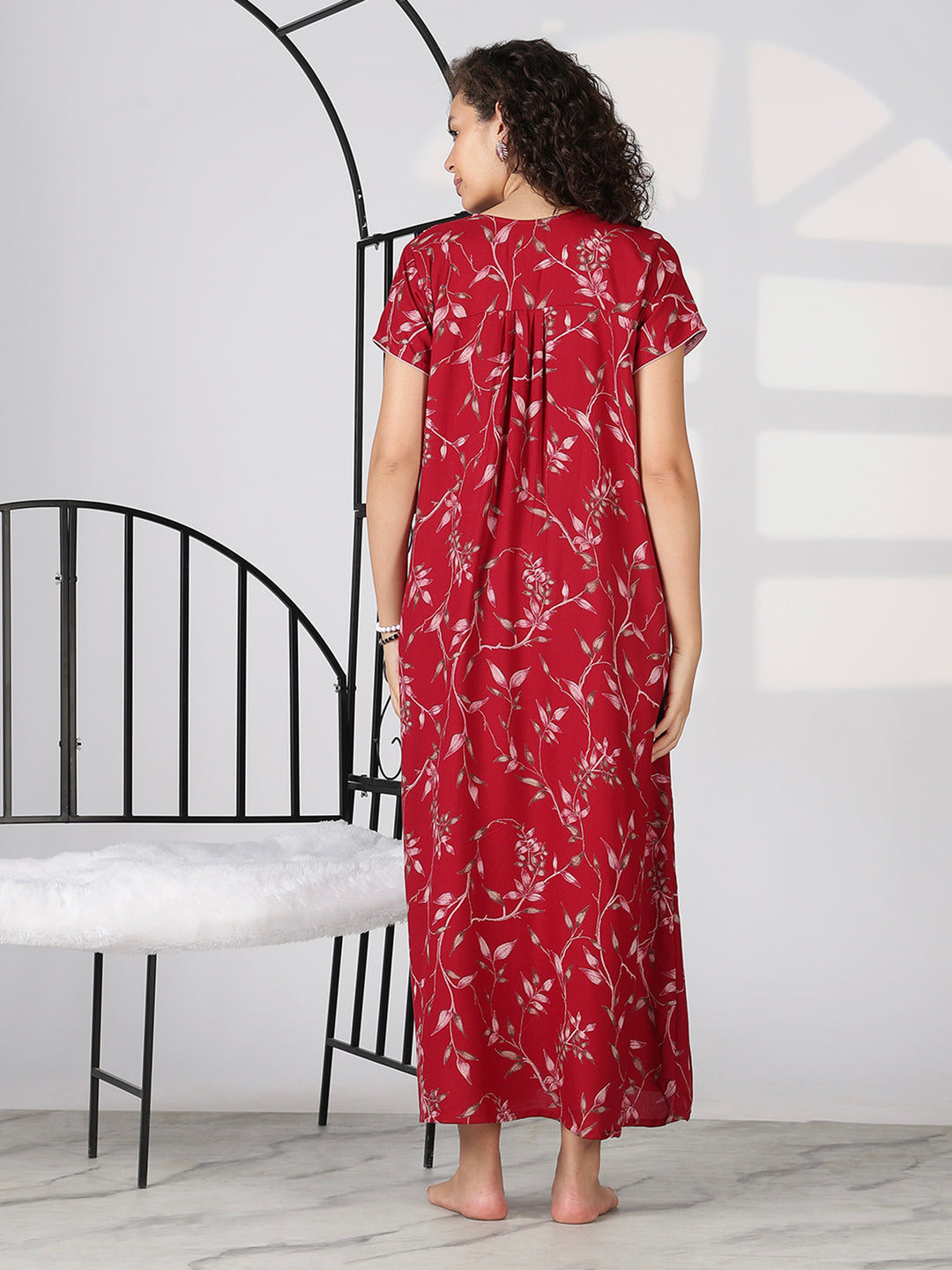Crimson red floral alpine nighty dress for Women