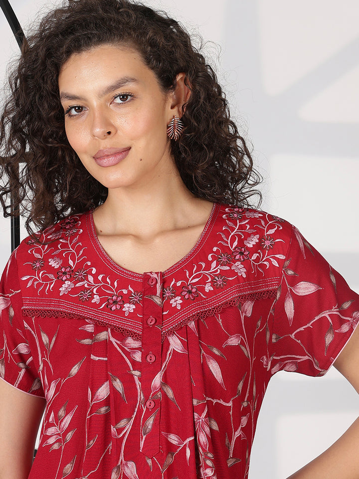 Crimson red floral alpine nighty dress for Women