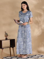 Blue Floral Crush Cotton Designer Nighty with Pleated Comfort Fit