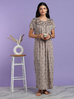 Mocha Floral Crush Cotton Pleated Nighty with Side Pocket