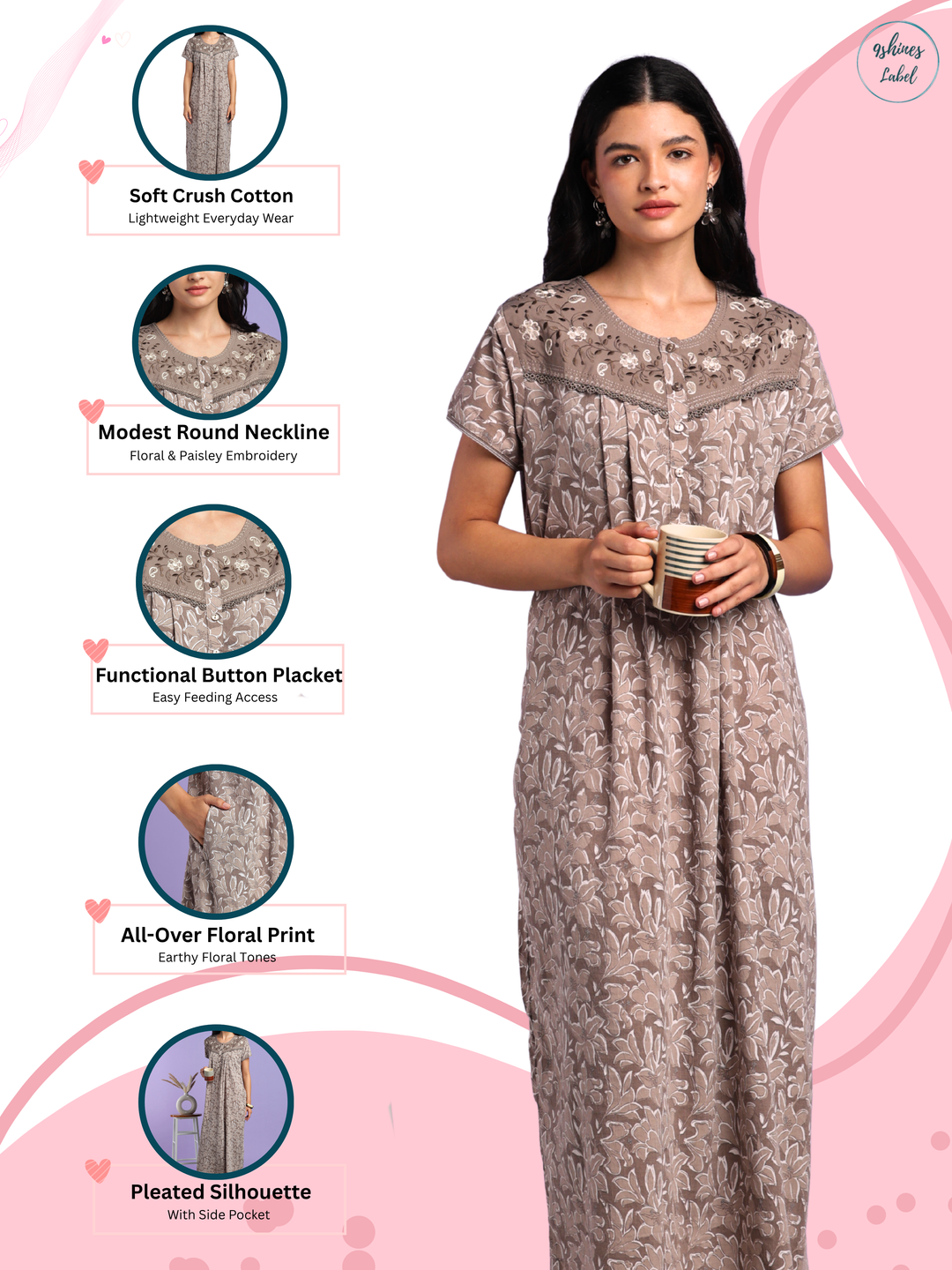 Mocha crush cotton floral nighty for women online