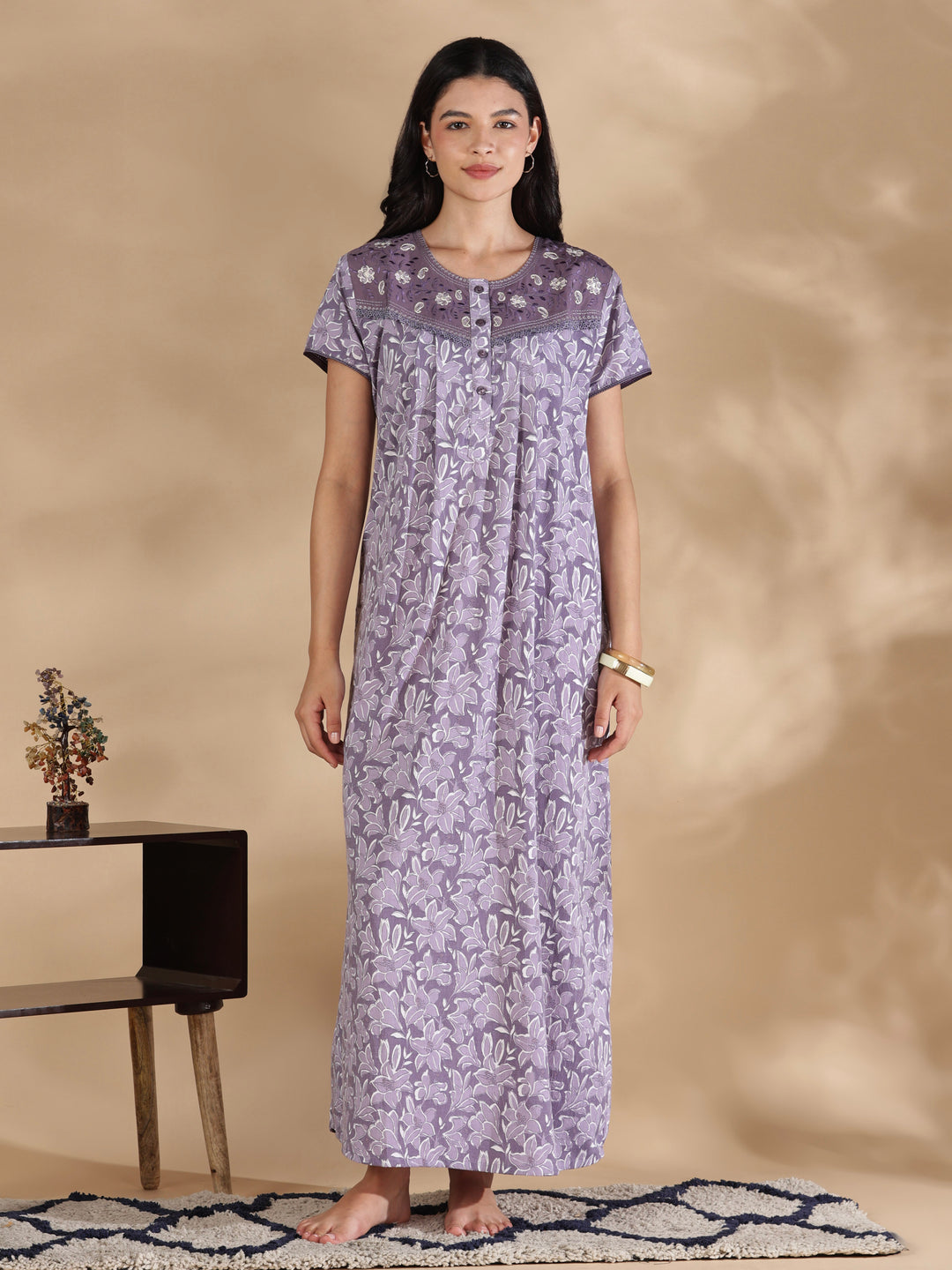 Lavender crush cotton designer nighty for women online.