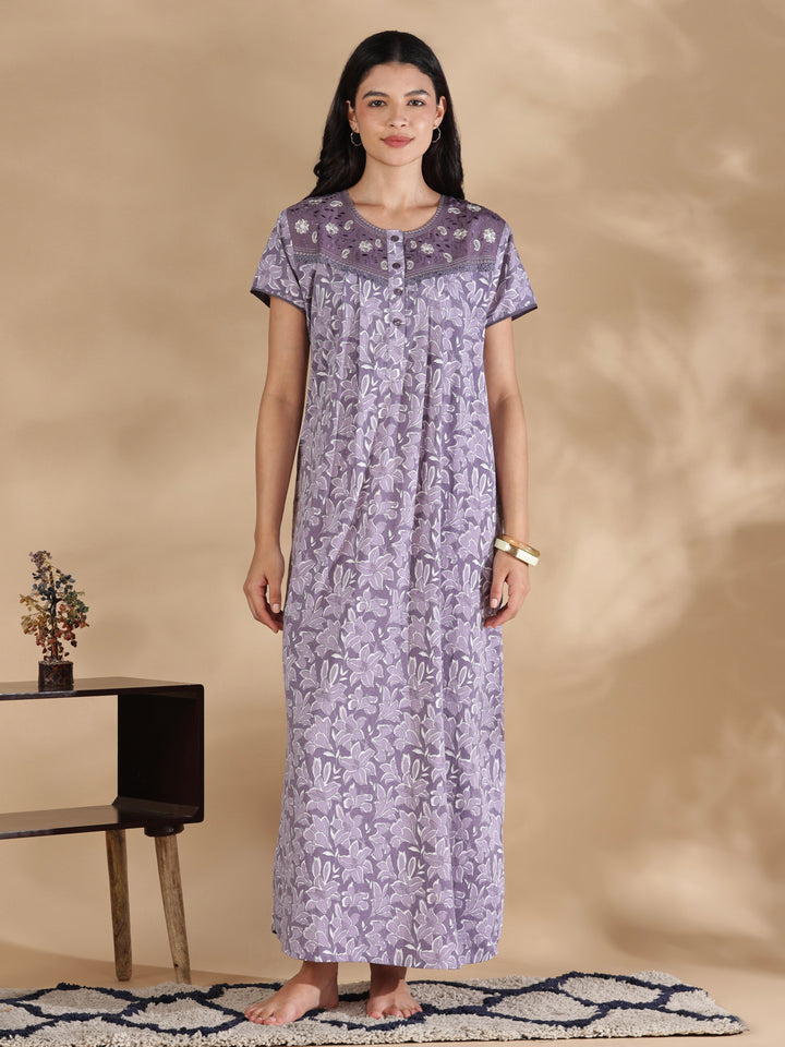 Lavender crush cotton designer nighty for women online.