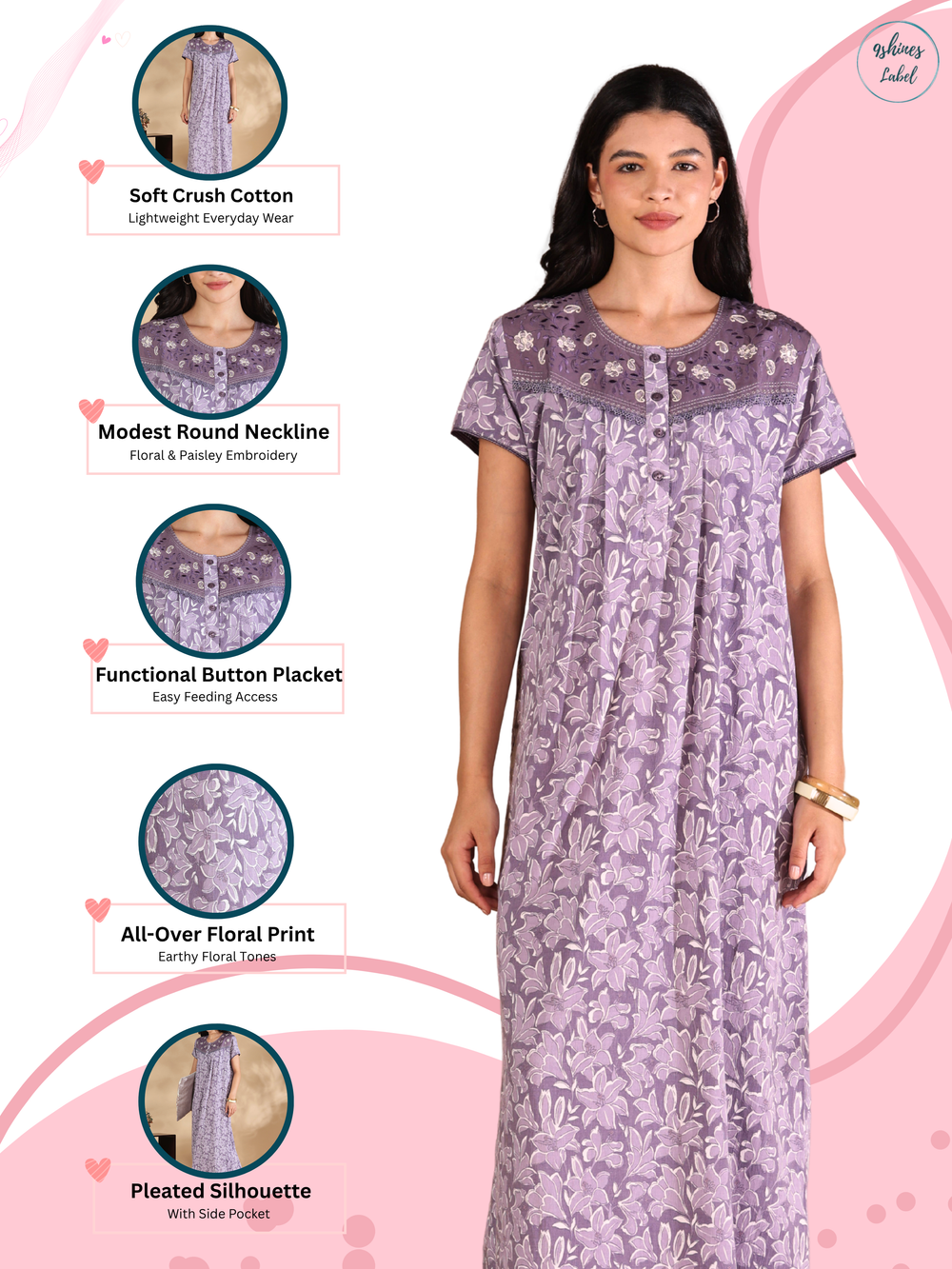 Lavender crush cotton designer nighty for women online.