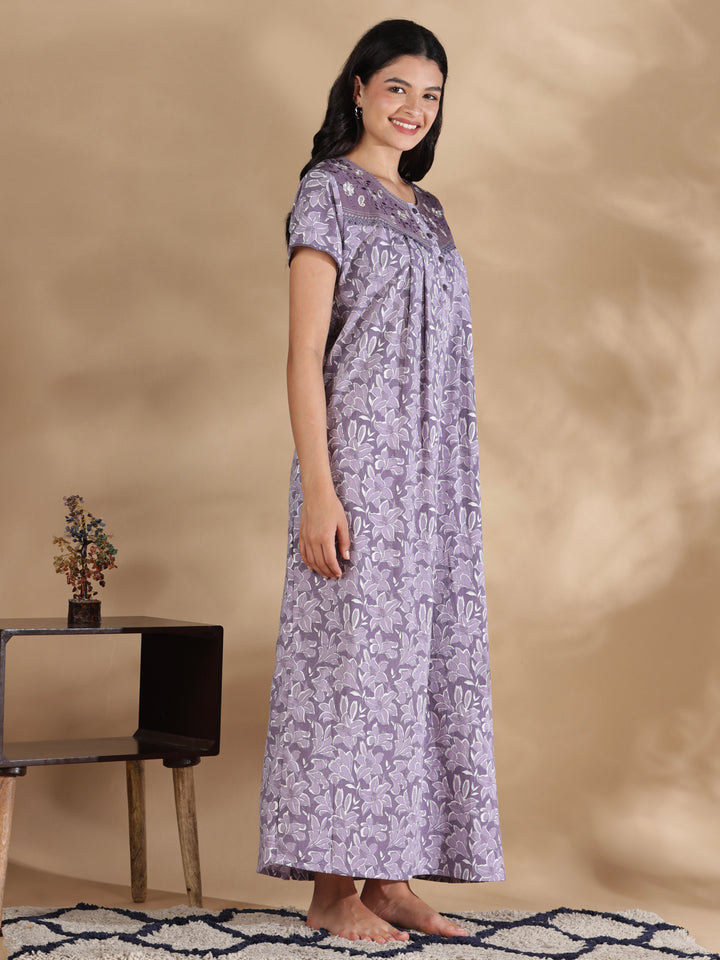 Lavender crush cotton designer nighty for women online.
