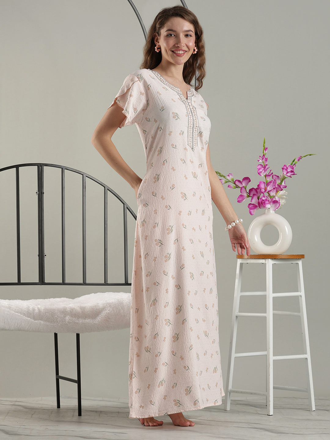 Misty Peach Crush Cotton Tulip Nighty for Women