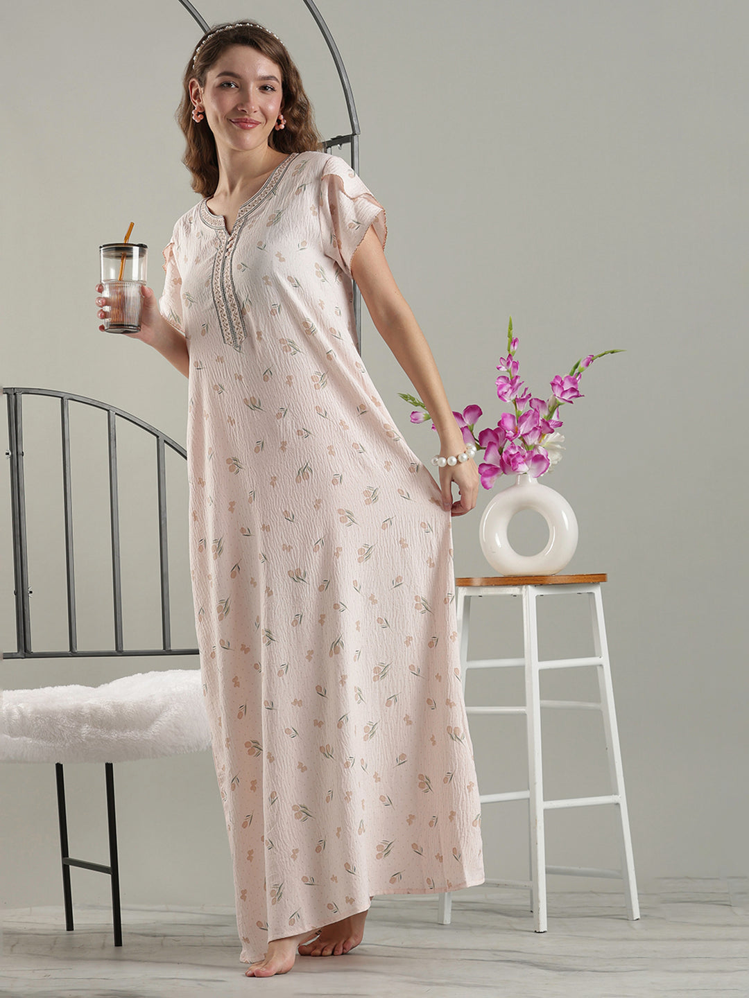 Misty Peach Crush Cotton Tulip Nighty for Women