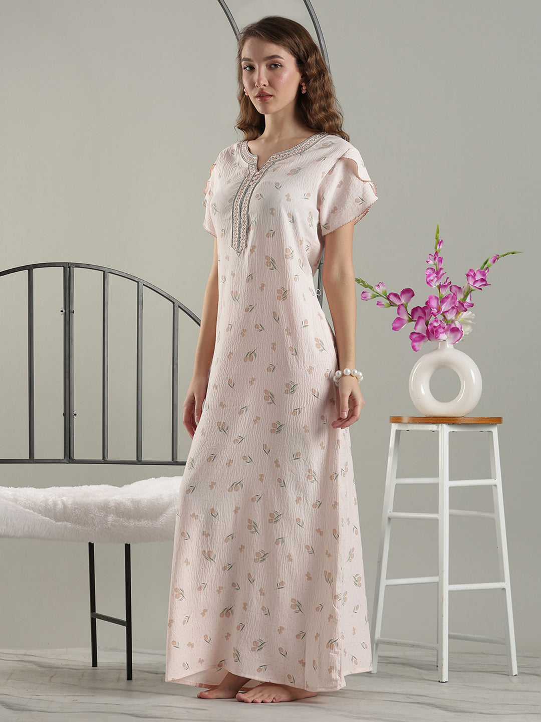 Misty Peach Crush Cotton Tulip Nighty for Women