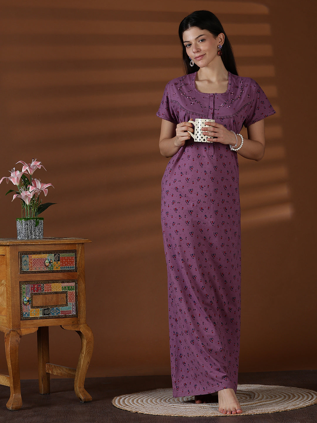Cotton blend soft daily wear nighty for women in violet
