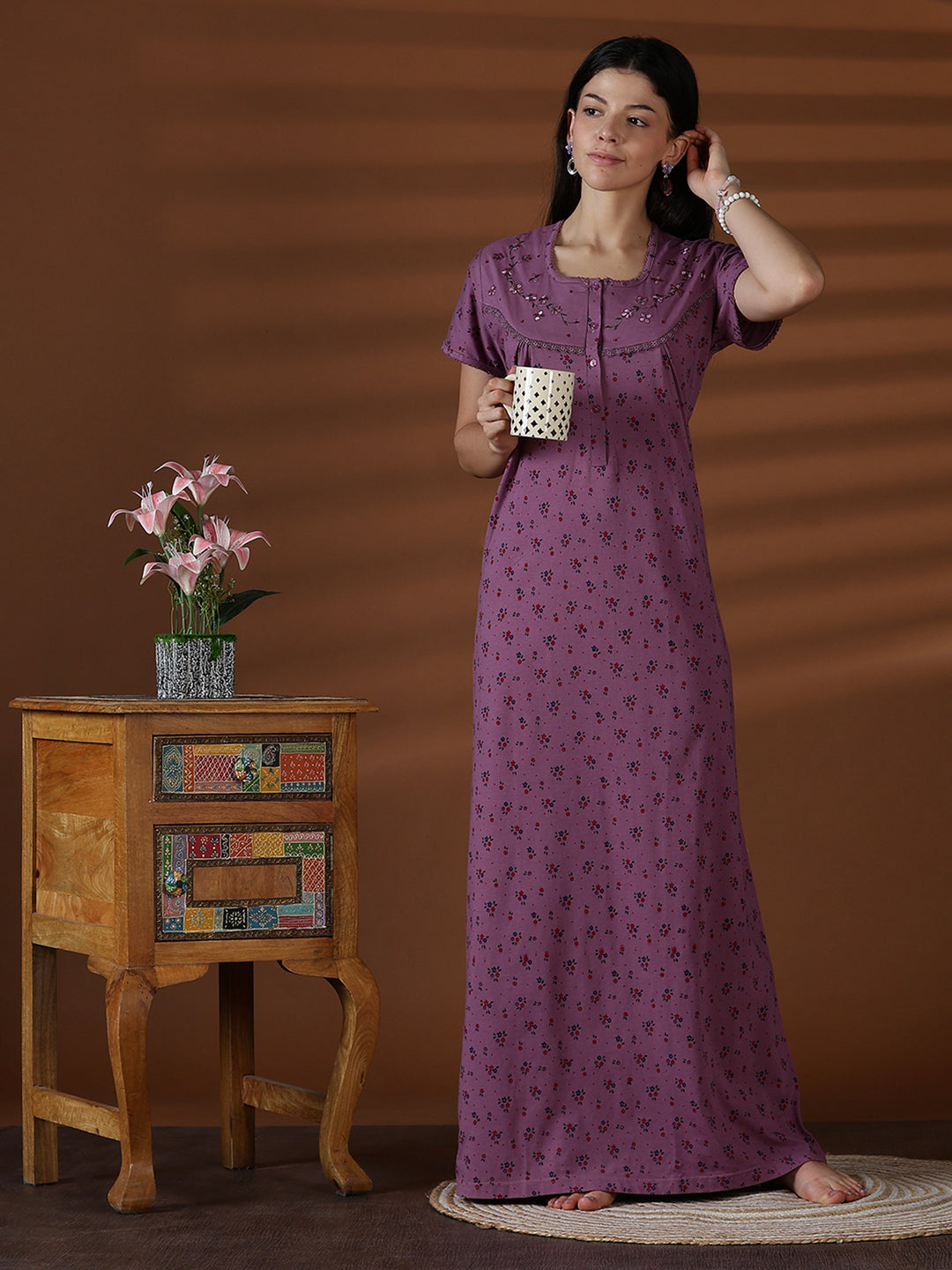 Cotton blend soft daily wear nighty for women in violet