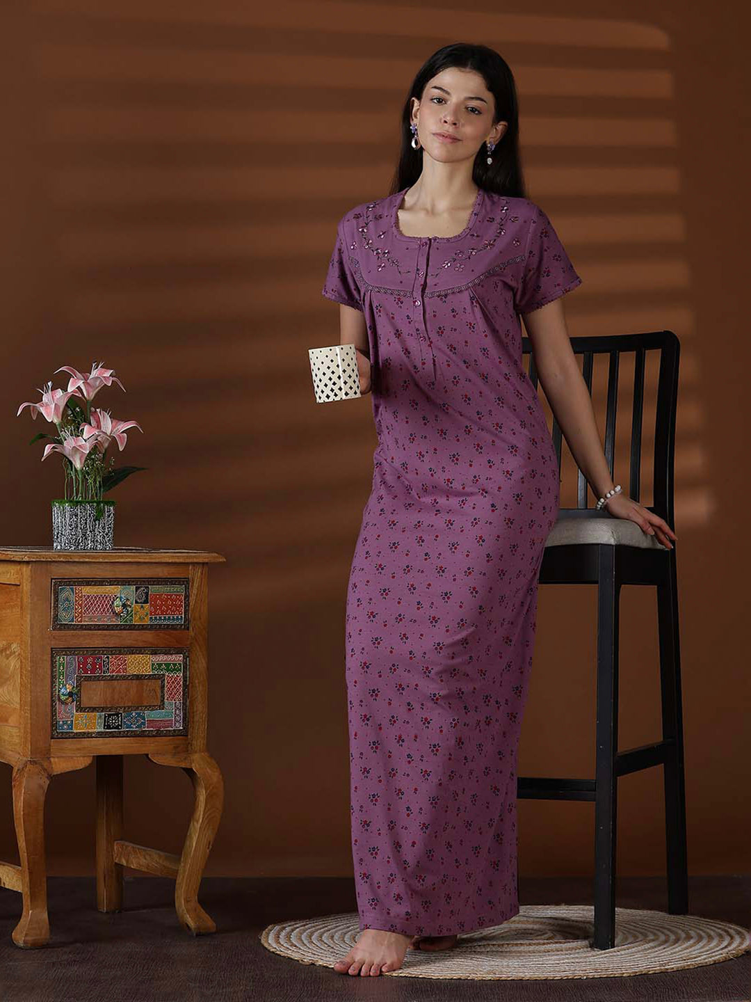 Cotton blend soft daily wear nighty for women in violet