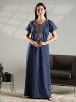 Blue Micro Buti Cotton Nighty with Embroidered Neck Detail