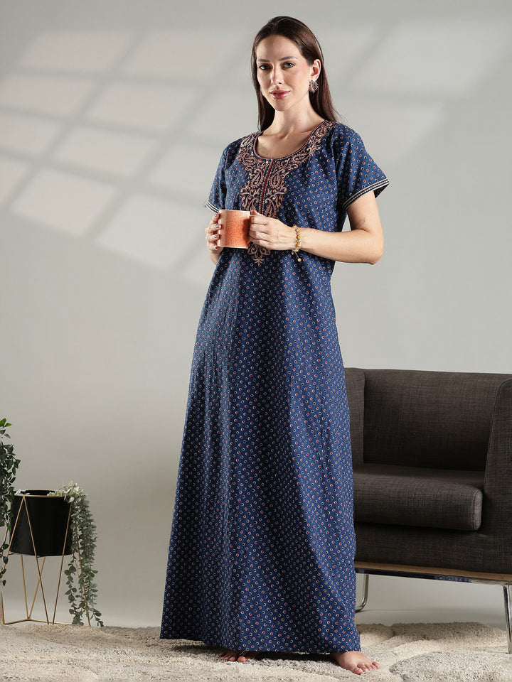 Blue soft daily wear pure cotton nighty for women