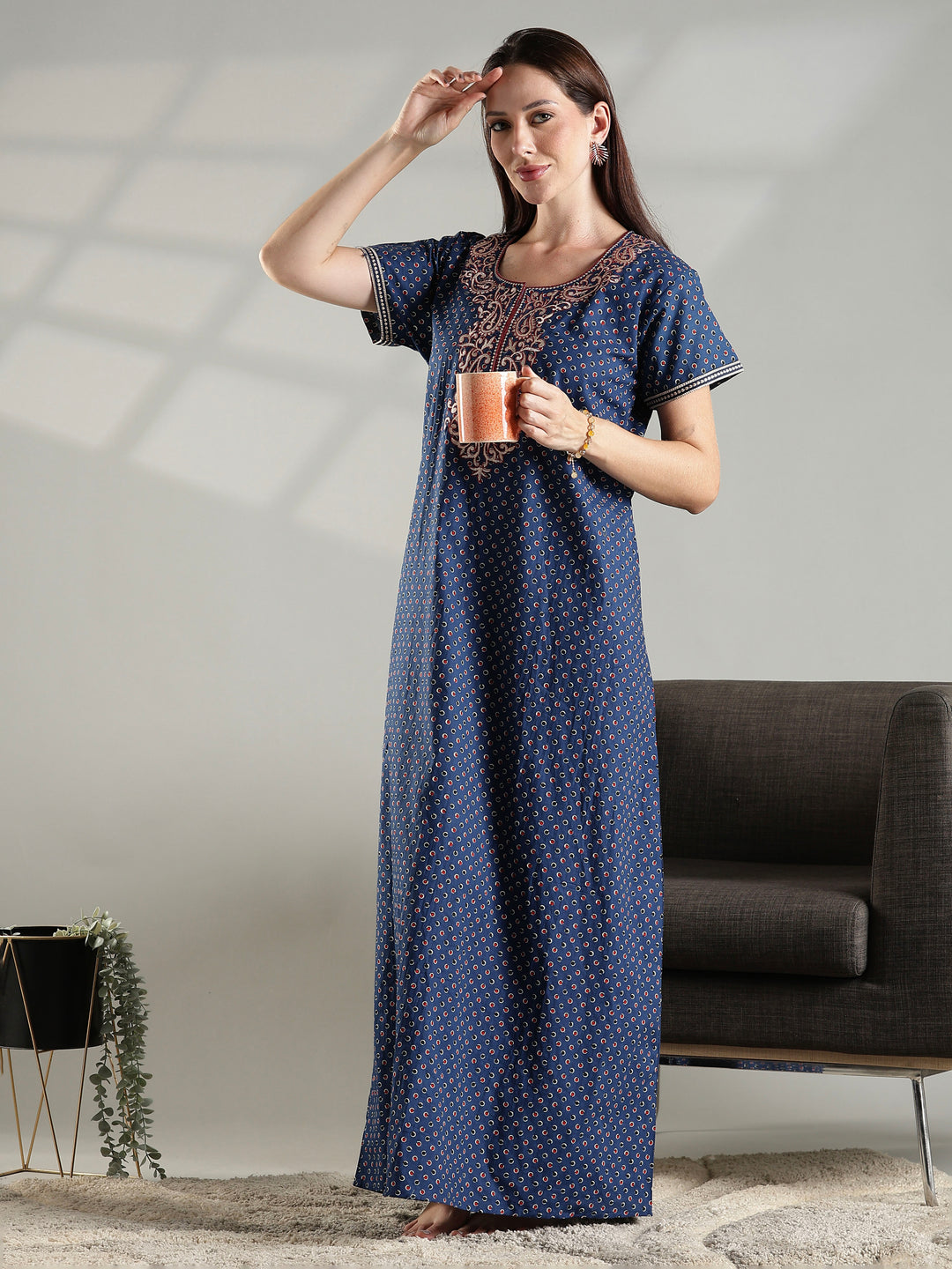 Blue soft daily wear pure cotton nighty for women