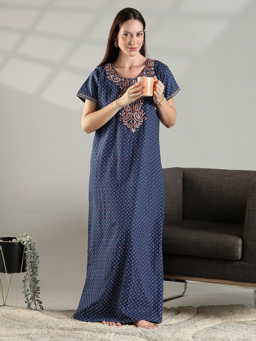 Blue soft daily wear pure cotton nighty for women