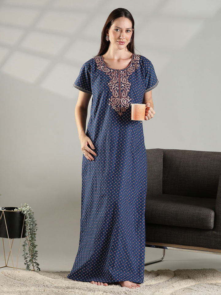 Blue soft daily wear pure cotton nighty for women