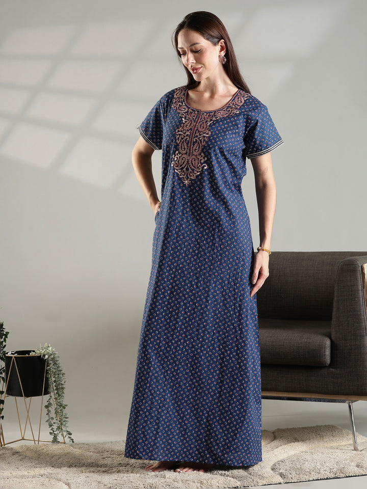 Blue soft daily wear pure cotton nighty for women