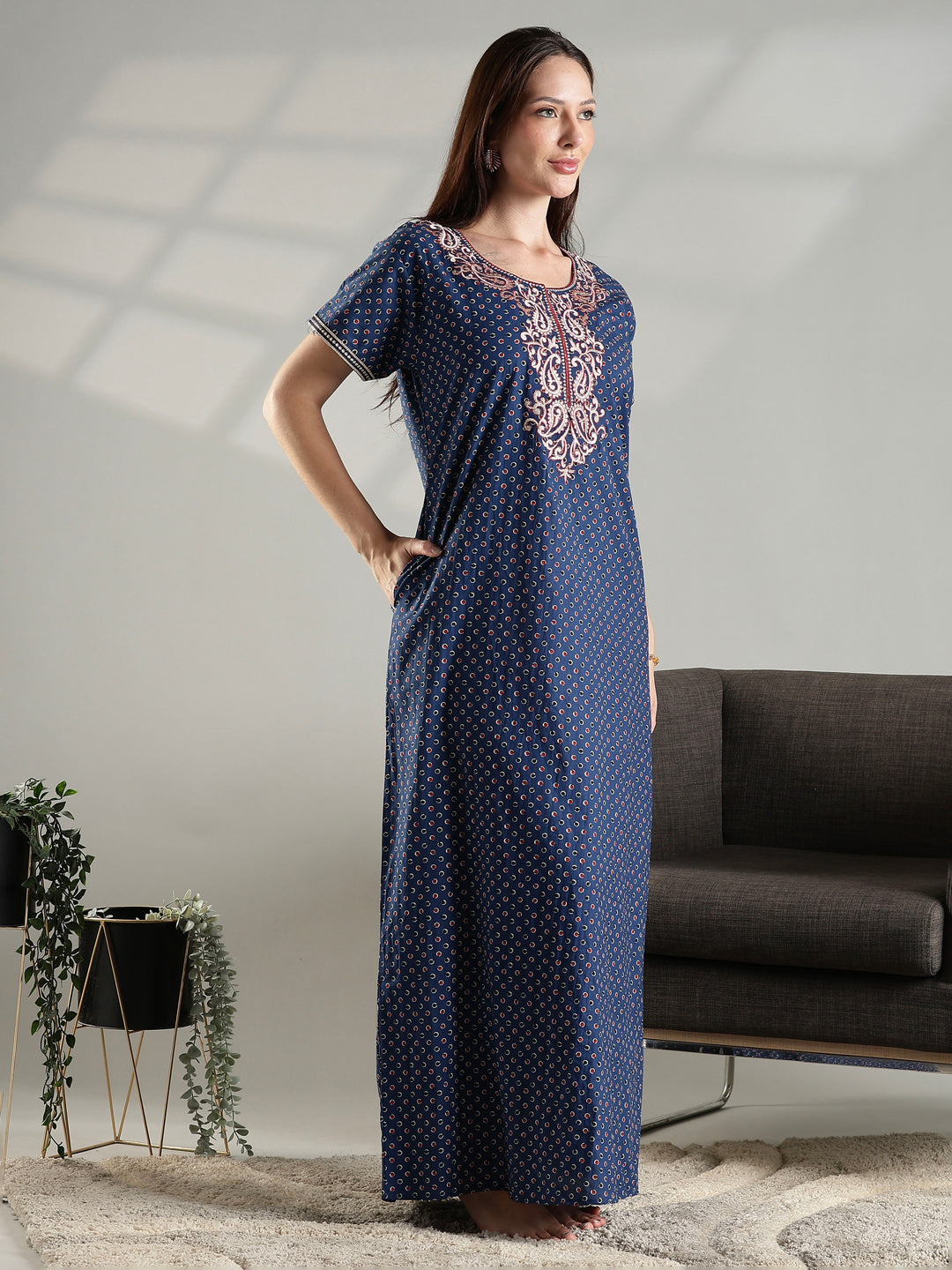 Blue soft daily wear pure cotton nighty for women