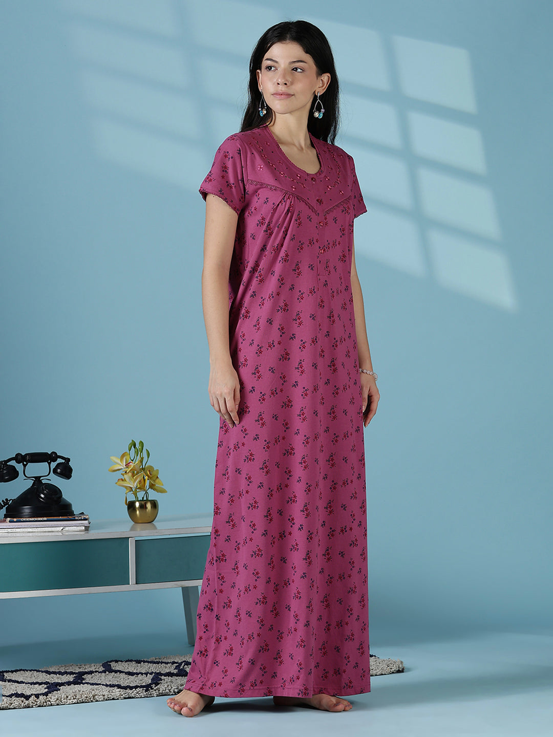 Rose floral daily wear soft sleepwear for women