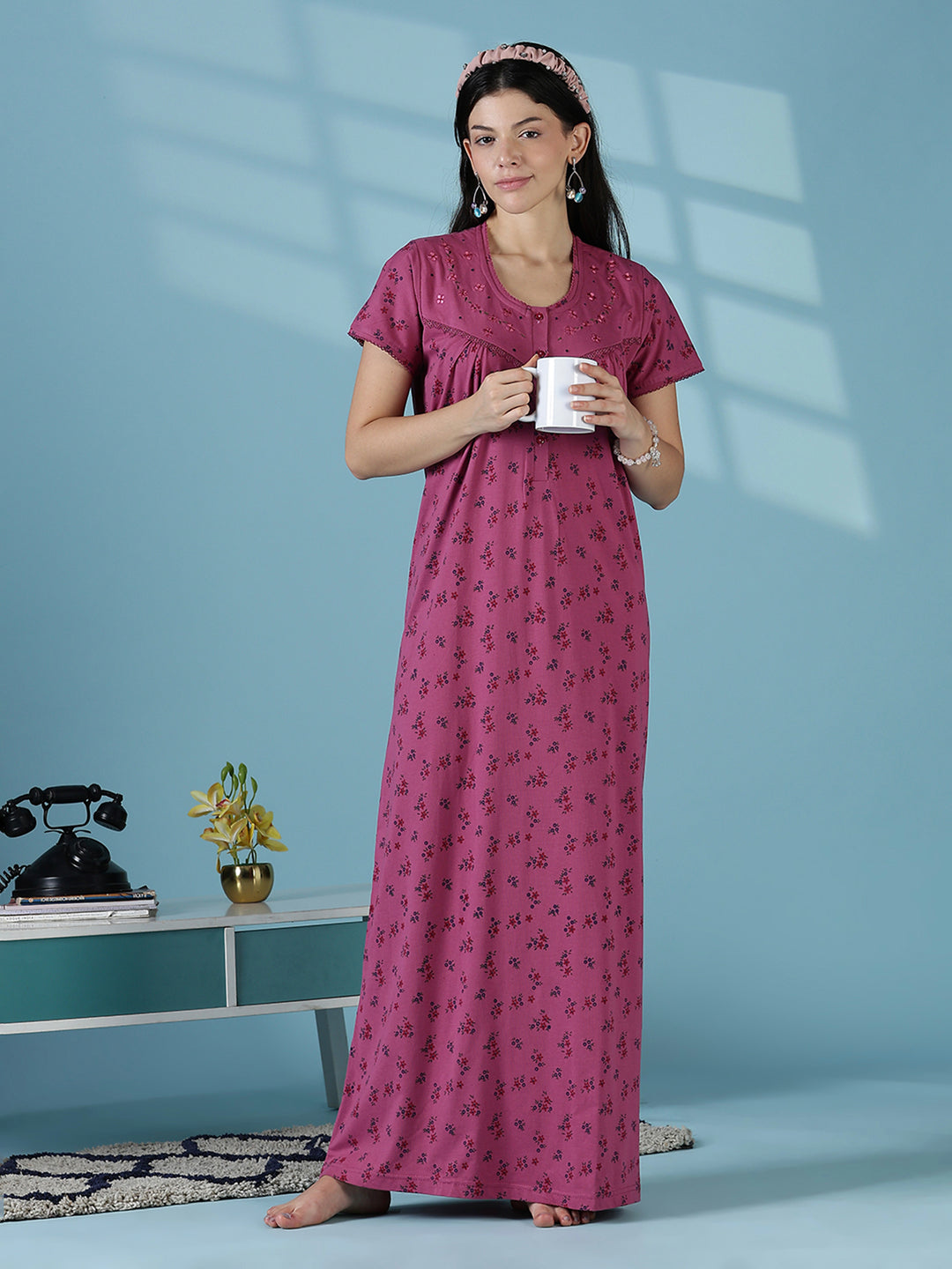 Rose floral daily wear soft sleepwear for women