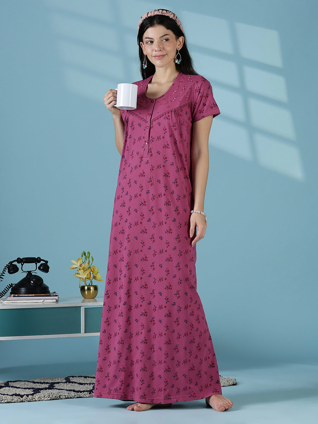 Rose floral daily wear soft sleepwear for women