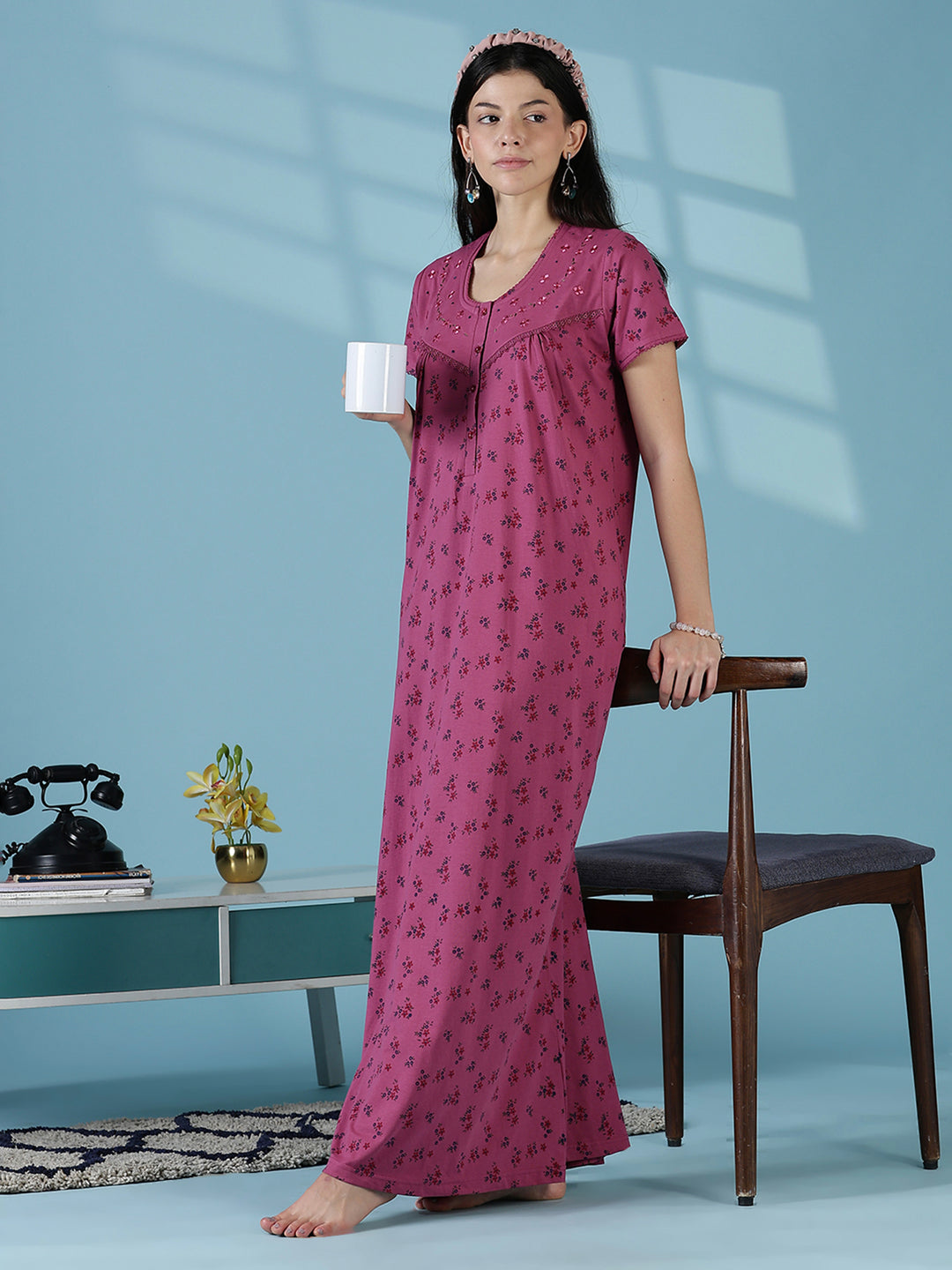 Rose floral daily wear soft sleepwear for women