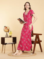 Alpine Floral A Line Nighty For Women in Daisy Pink with Zip