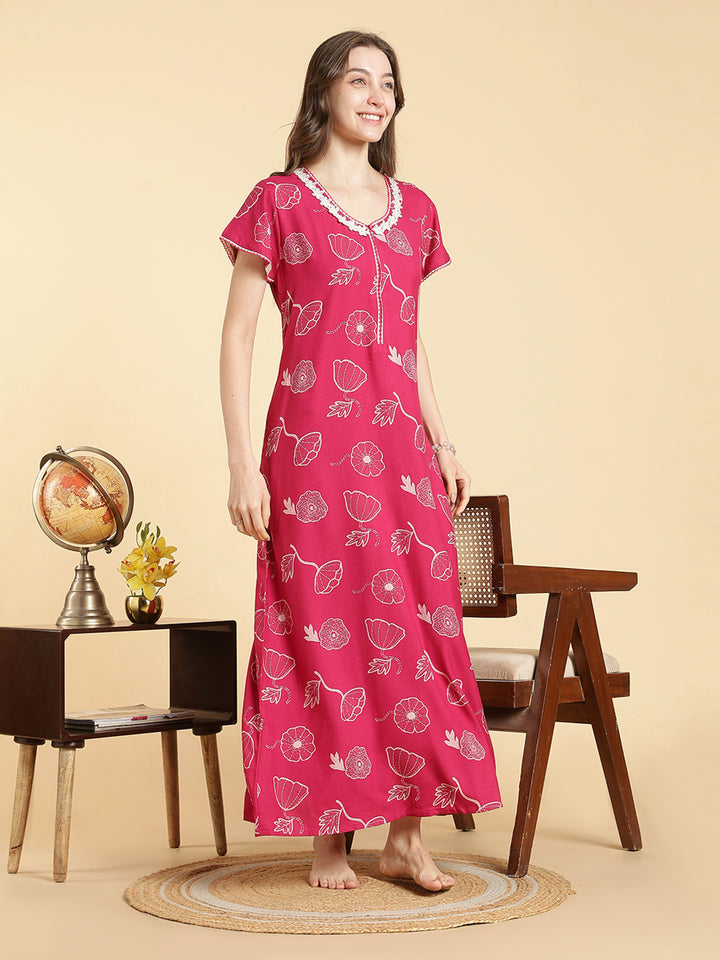 Daisy pink alpine floral a-line front open nighty