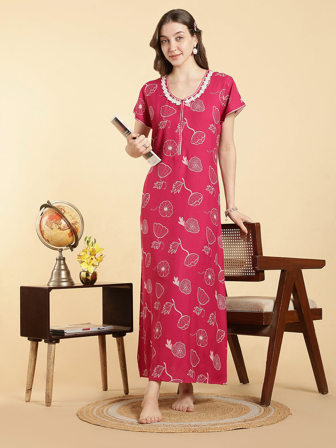 Daisy pink alpine floral a-line front open nighty