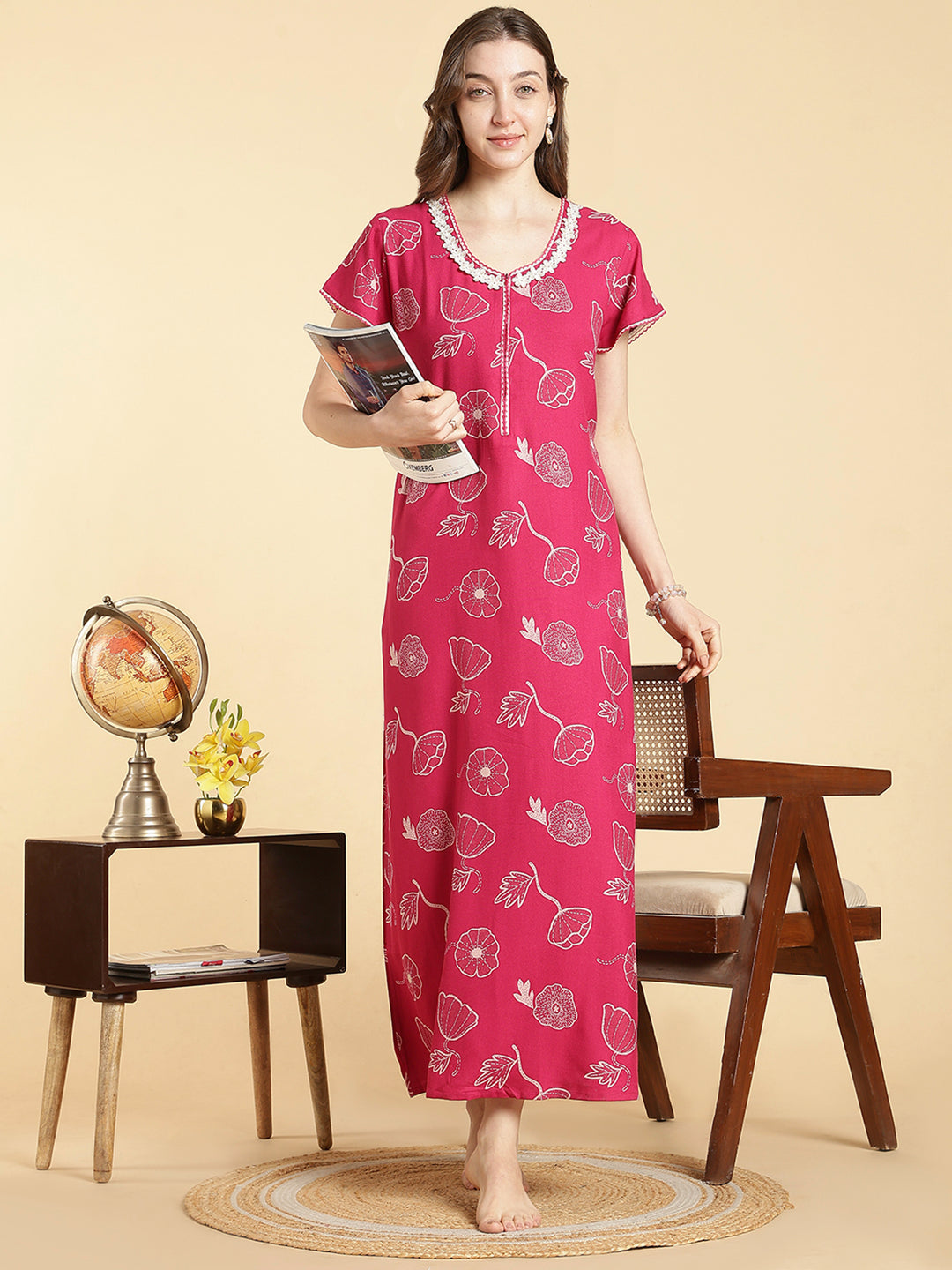 Daisy pink alpine floral a-line front open nighty