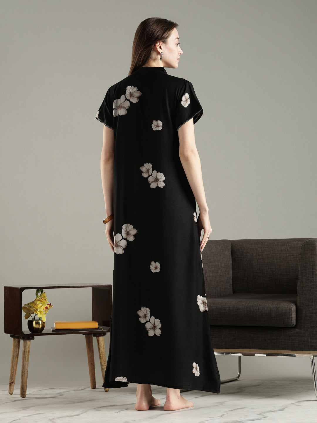 Alpine floral a line dark black nighty for women