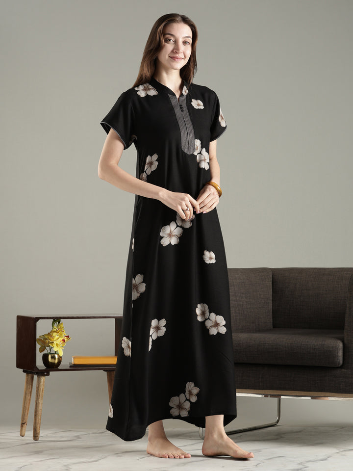 Alpine floral a line dark black nighty for women