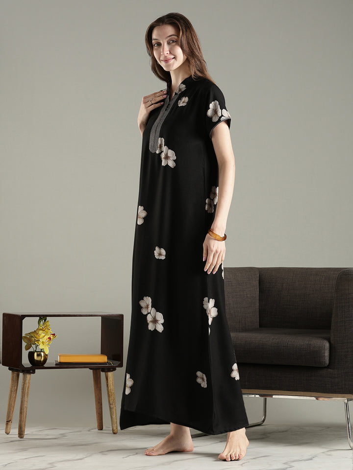 Alpine floral a line dark black nighty for women