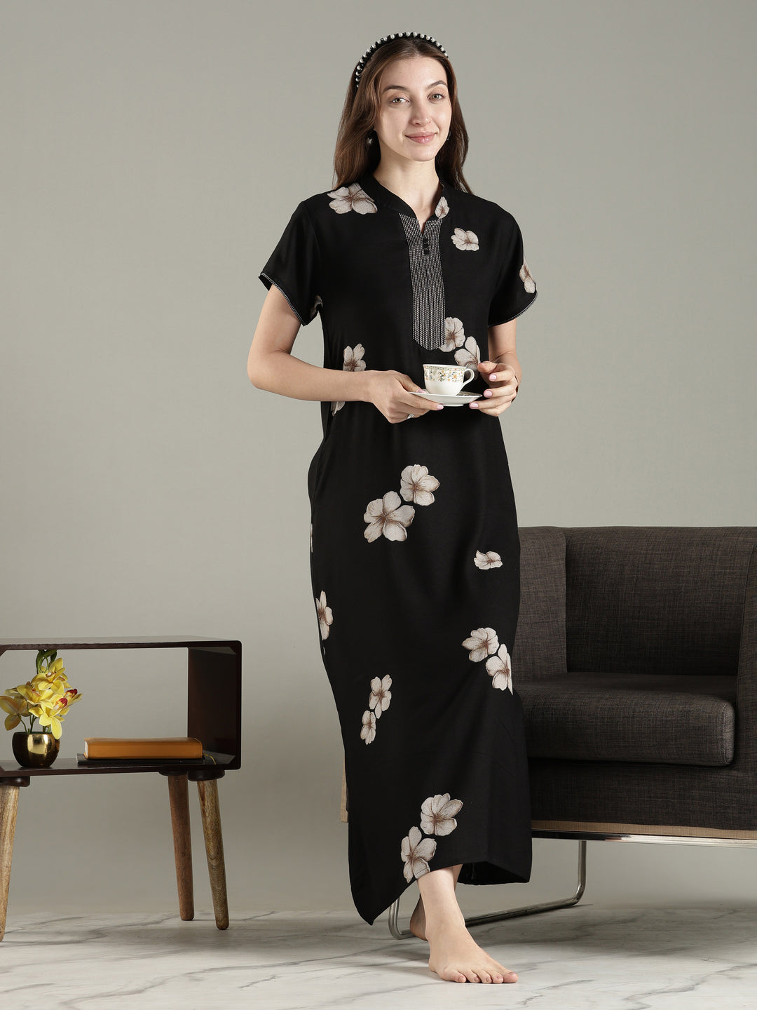 Alpine floral a line dark black nighty for women