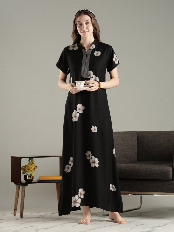 Alpine floral a line dark black nighty for women