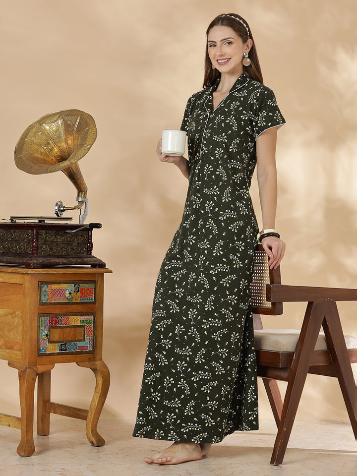 Dark green branded hosiery cotton nighty dress for women