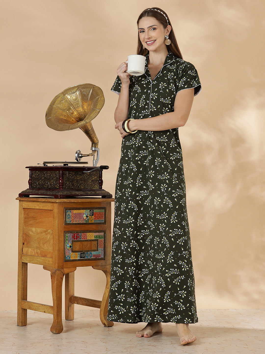 Dark green branded hosiery cotton nighty dress for women