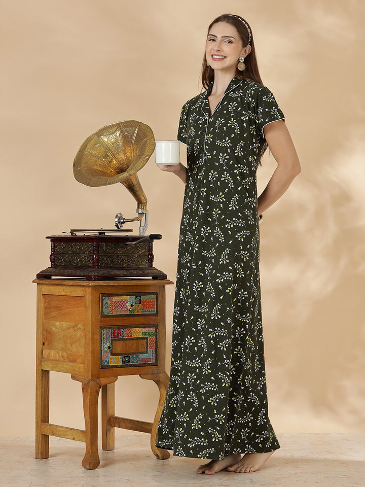 Dark green branded hosiery cotton nighty dress for women