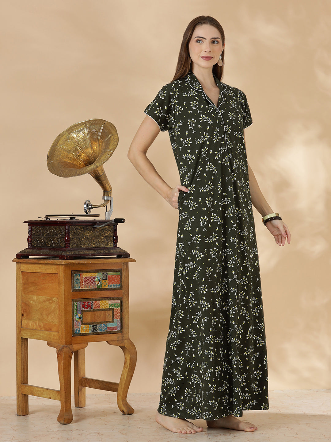 Dark green branded hosiery cotton nighty dress for women