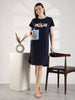 Dark Navy Knee Length Cotton Nighty for Women Relaxed Fit Graphic Print