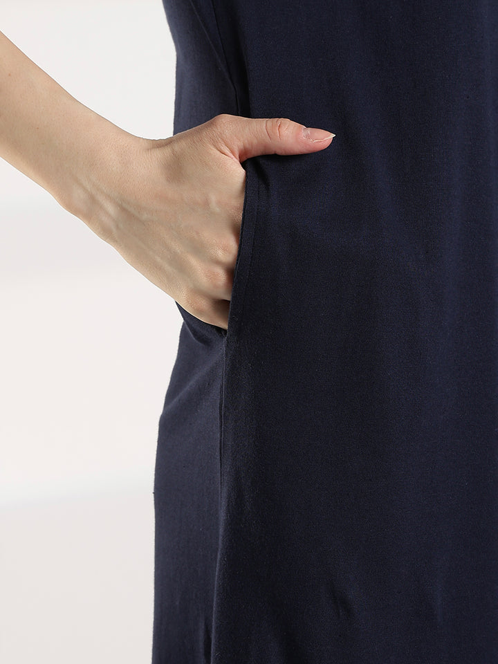 Soft cotton dark navy knee length short nighty for women