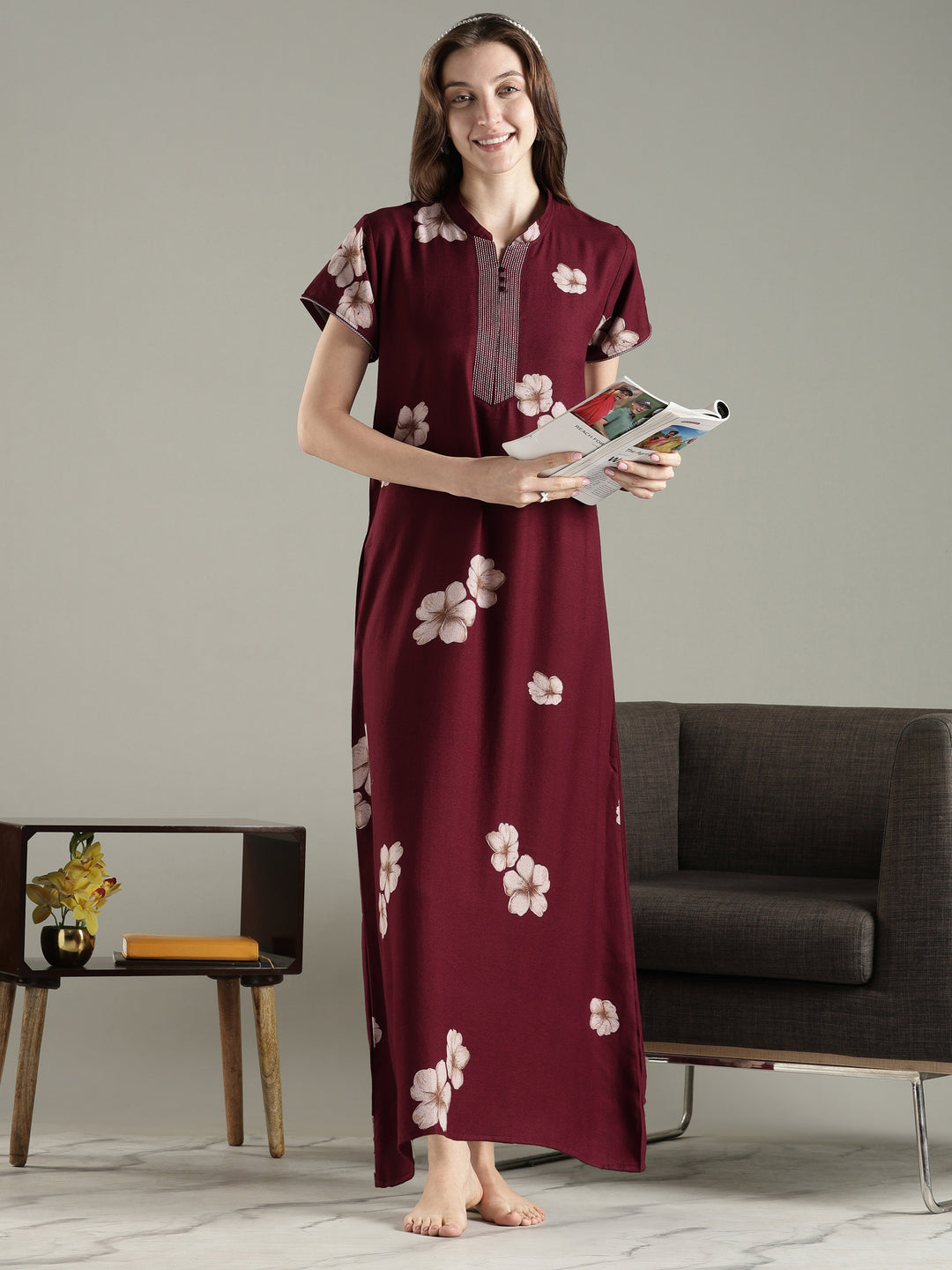 Dark maroon alpine floral a-line nighty dress for women