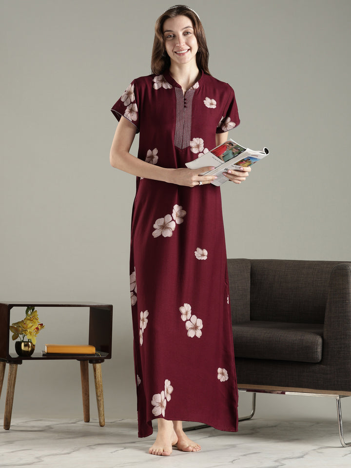 Dark maroon alpine floral a-line nighty dress for women