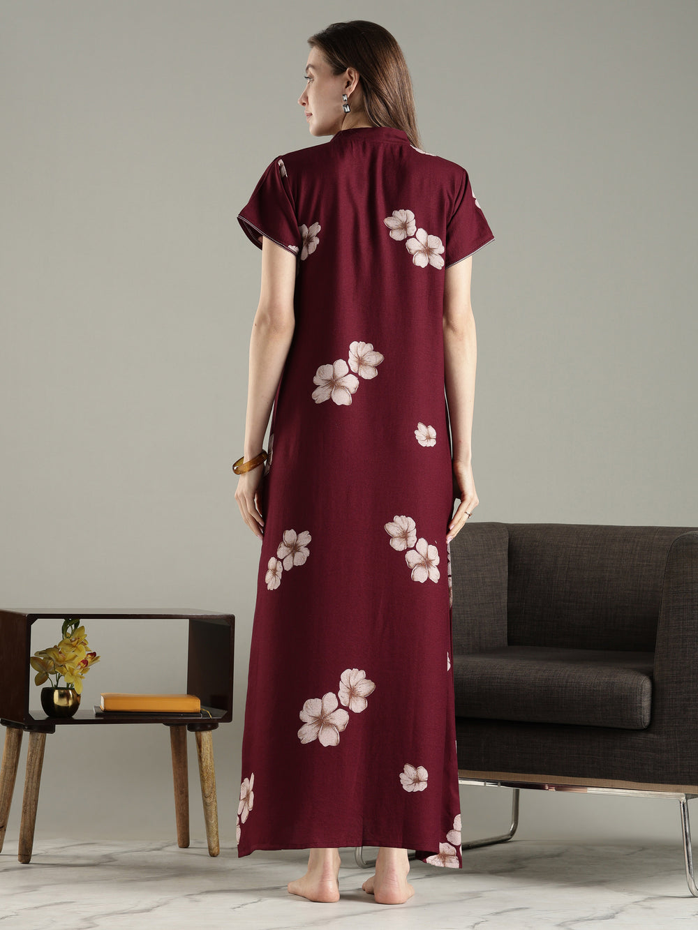 Dark maroon alpine floral a-line nighty dress for women