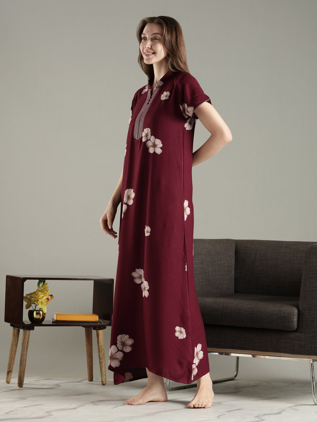 Dark maroon alpine floral a-line nighty dress for women