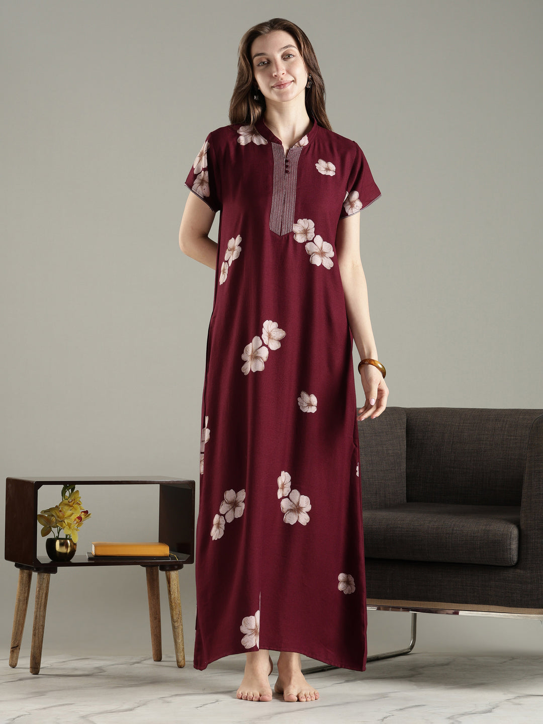 Dark maroon alpine floral a-line nighty dress for women