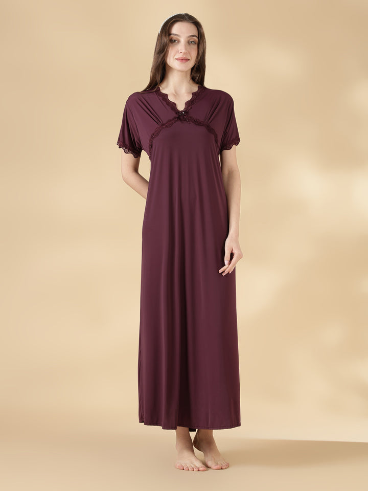 Malai satin designer nightwear for women in dark purple