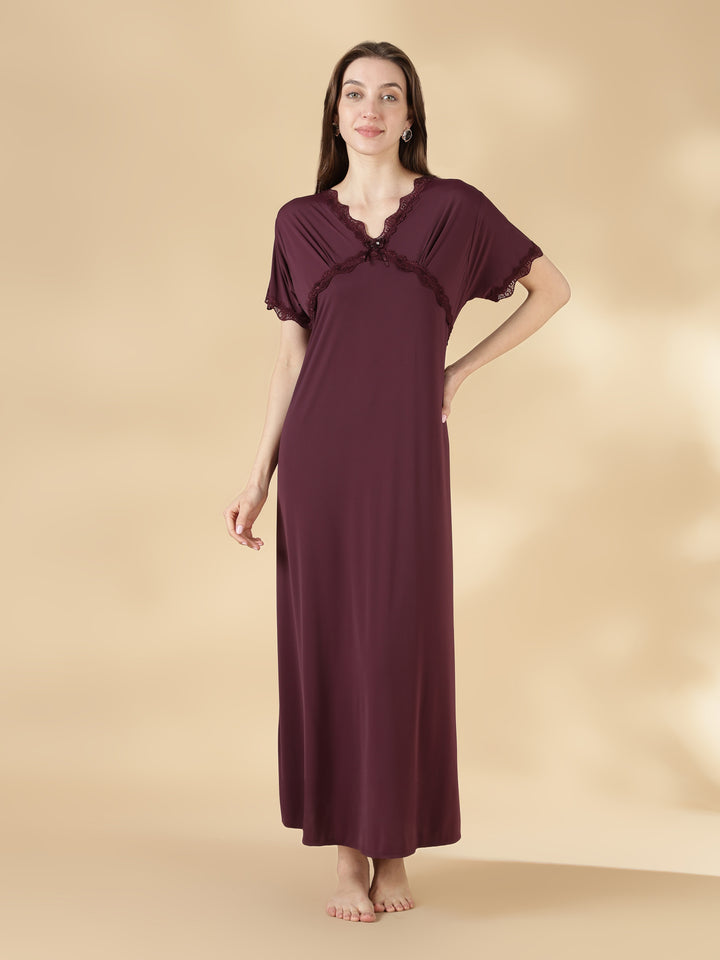 Malai satin designer nightwear for women in dark purple
