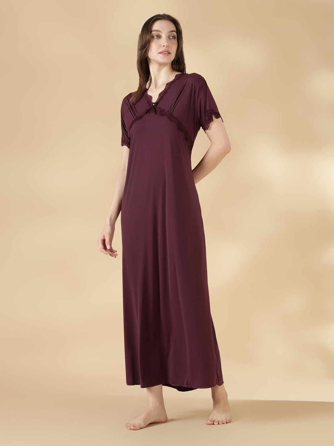 Malai satin designer nightwear for women in dark purple