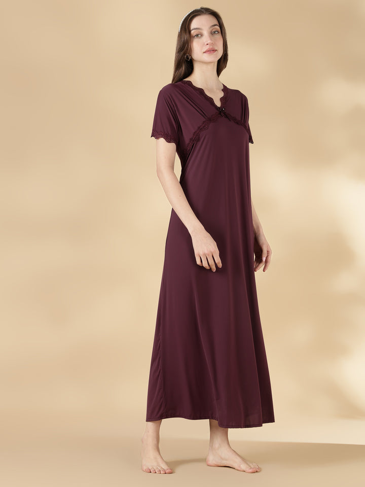Malai satin designer nightwear for women in dark purple